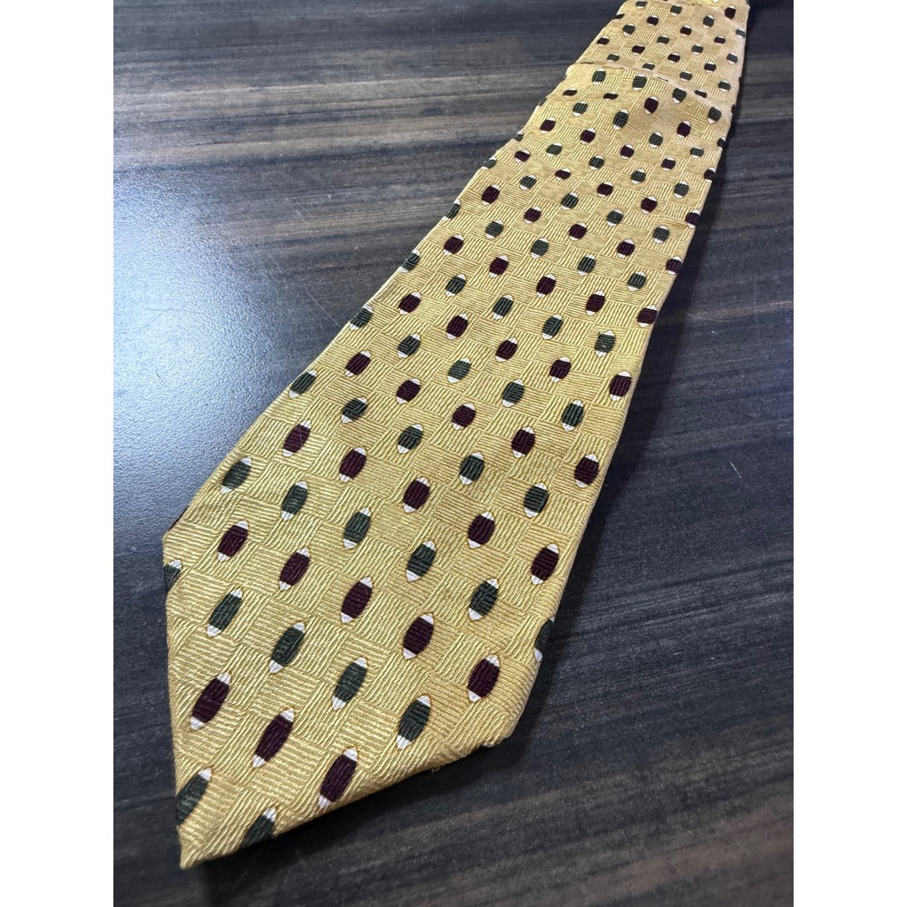 NEO Bill Blass Silk Tie Gold Burgundy Green Geometric Pattern Mens Necktie